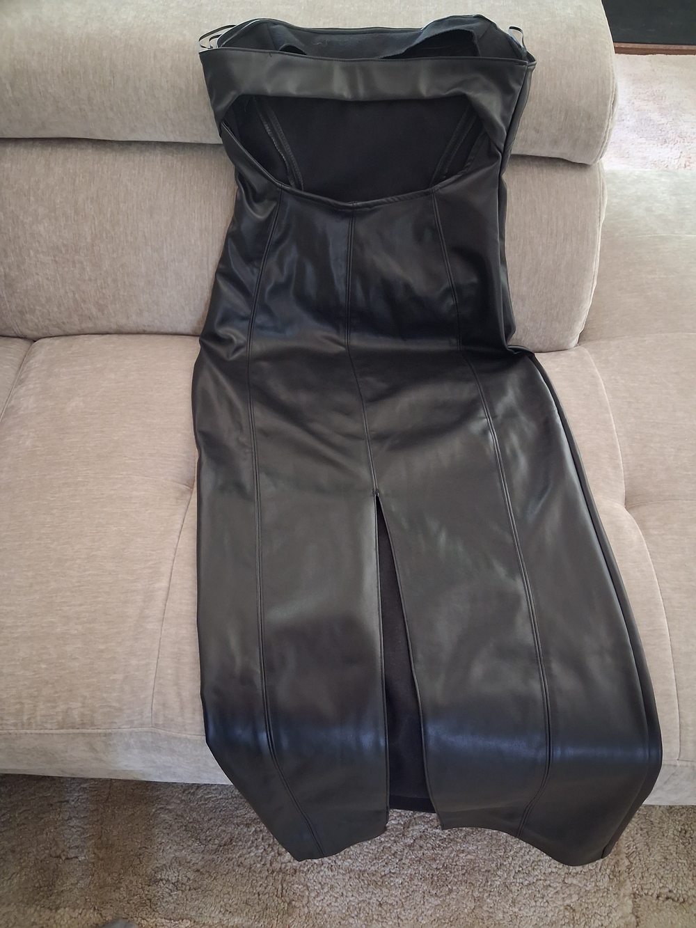 Black Faux Leather Strapless Midi Dress with Back Slit
